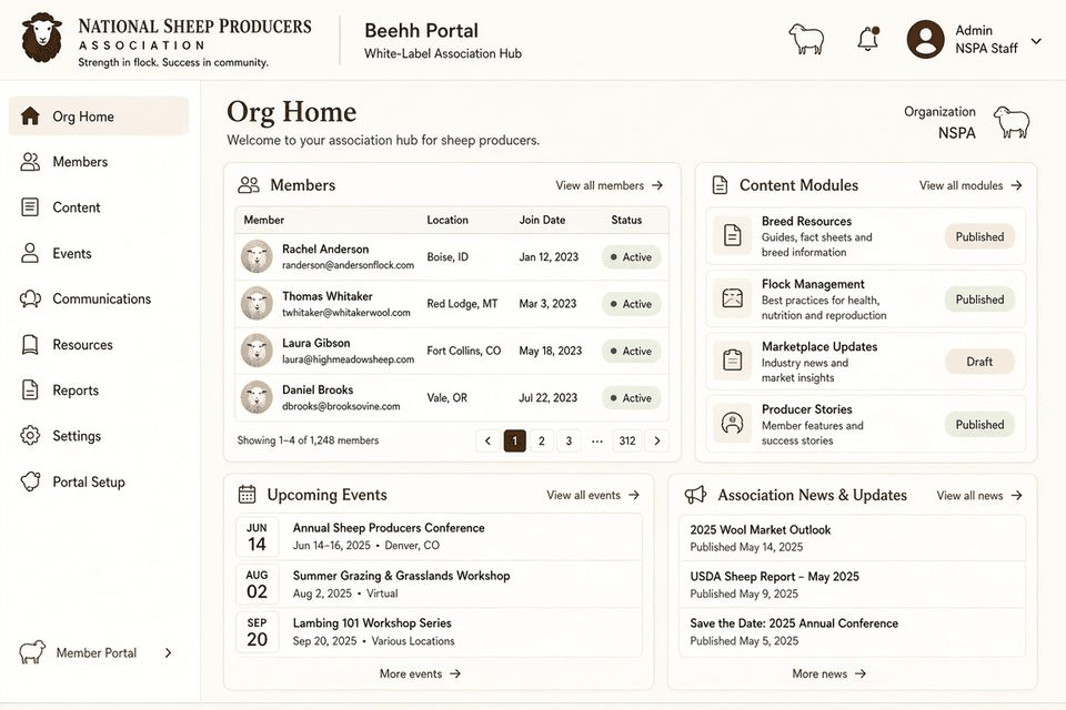 Beeeh Portal — hub white-label da associação com associados e conteúdo